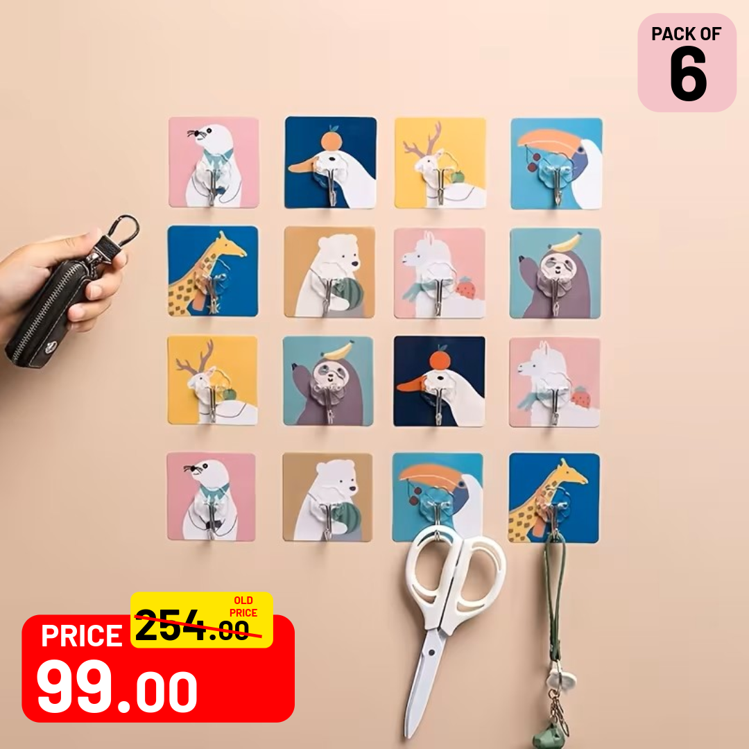 Animal Design Wall Hooks (Self-Adhesive) (Pack of 6)